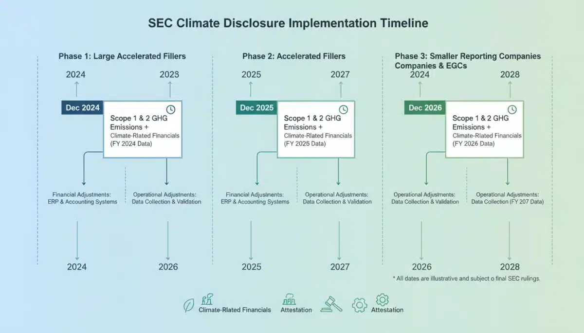 Infographic showing timeline and key milestones for SEC climate disclosure implementation