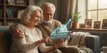 Senior couple happily reviewing retirement finances on a tablet, symbolizing financial security.