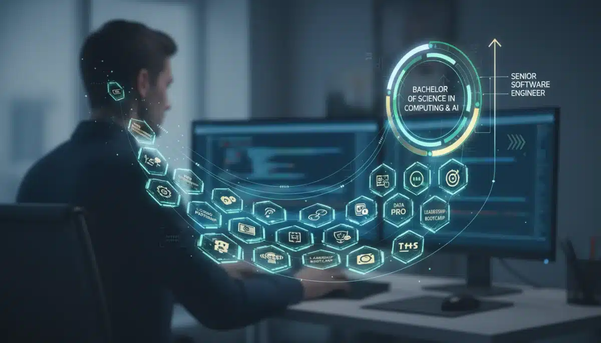 Interconnected digital badges symbolizing stacked micro-credentials leading to career advancement.