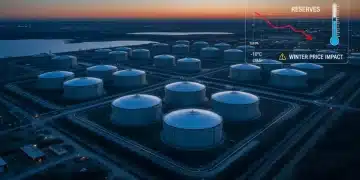 Strategic Petroleum Reserve oil tanks with a downward trend graph and winter thermometer, illustrating low US oil reserves and winter price concerns.