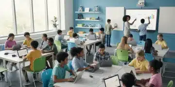 Students learning digital literacy skills in a modern classroom