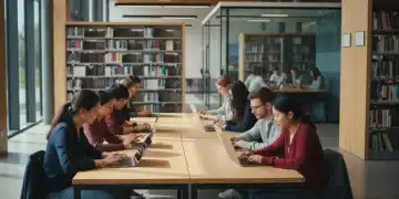 Diverse students studying with technology in a modern university library, symbolizing future education