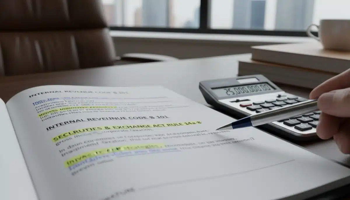 Close-up of tax code document with pen and calculator