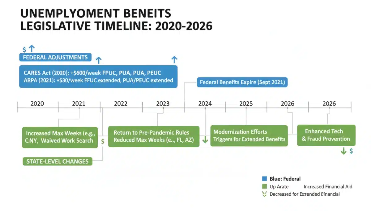 Timeline graphic showing legislative changes in unemployment benefits from CARES Act to 2026