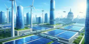 Futuristic city with renewable energy, symbolizing US emission reduction success