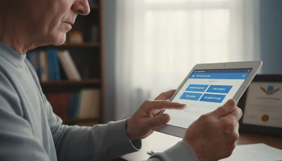 Veteran using tablet to apply for online benefits