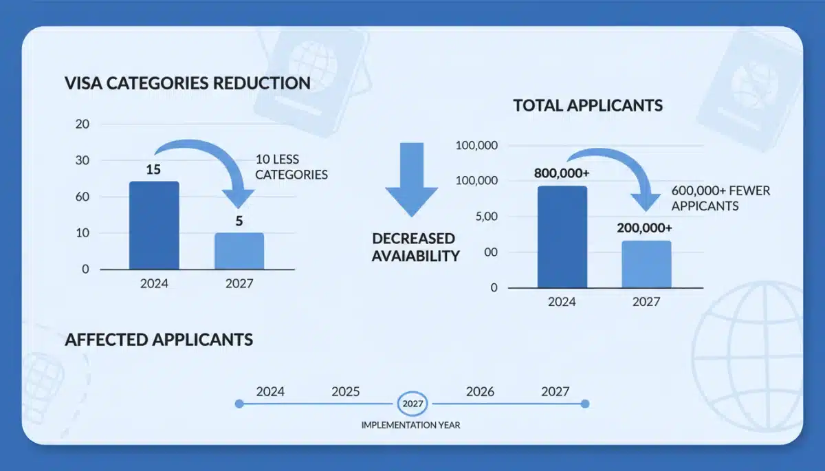 Infographic showing reduced visa categories and impact on 150,000 applicants for 2027.