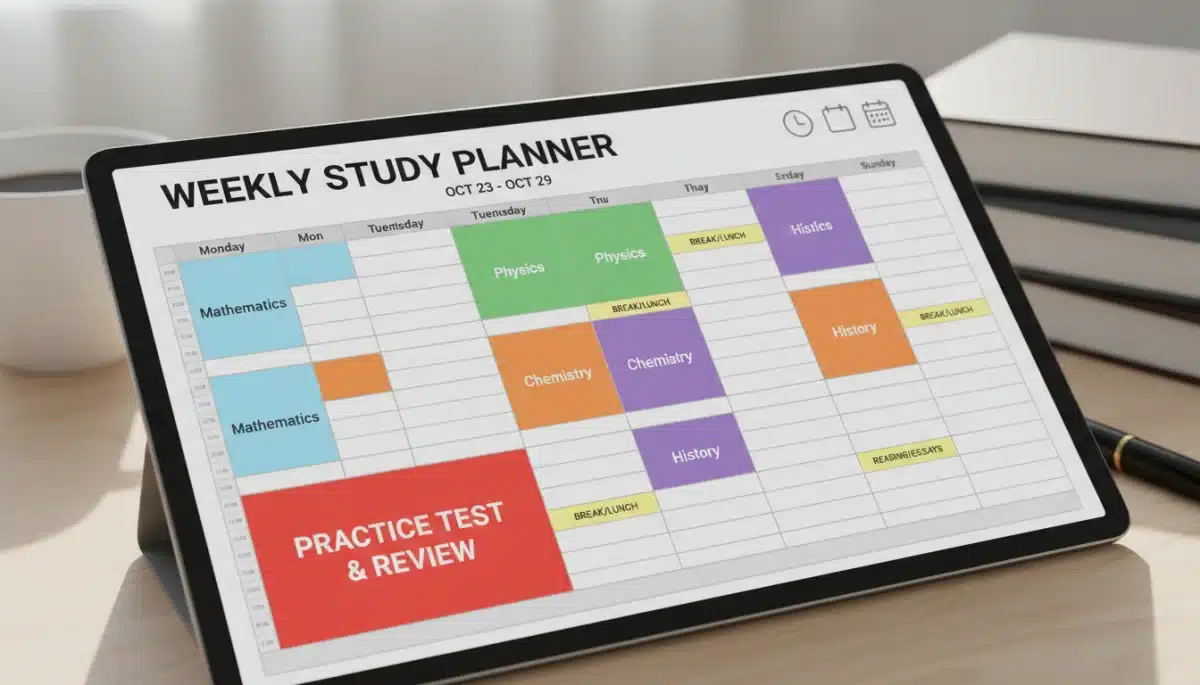 Organized weekly study schedule for standardized test preparation